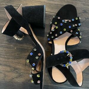 JCrew black bejeweled block heel strappy shoe